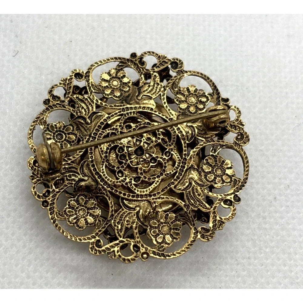 Vintage Gold Tone Filigree Metal‎ Brown Cream Windmill Delft Cabochon Pin Brooch